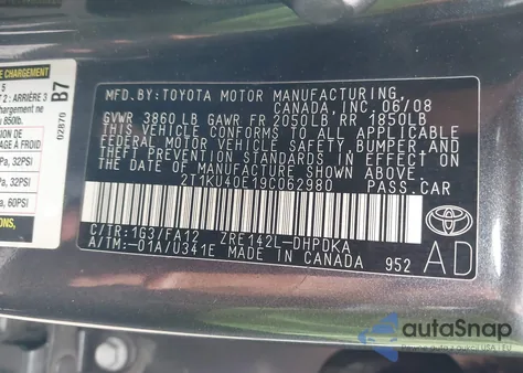 2009 Toyota Matrix z USA, uszkodzony, nr VIN 2T1KU40E19C062980